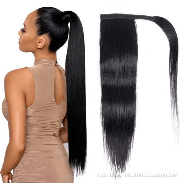 Natural African Girl Silky Straight Human Hair Wrap Around Ponytail Clip In Hair Extensions Black Ponytail for Black Women